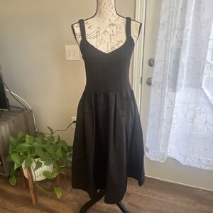 Steve Madden Fleur Dress Women's Large Black Cotton Midi Pockets Smocked Top